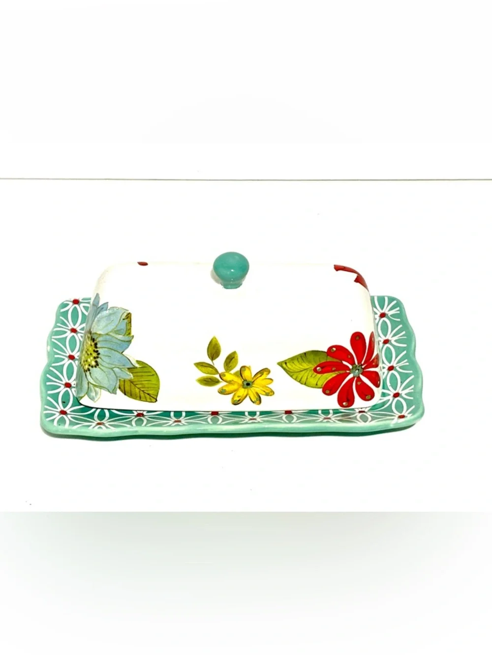 Studio California White w Blue & Red Flowers Ceramic Covered Butter Dish